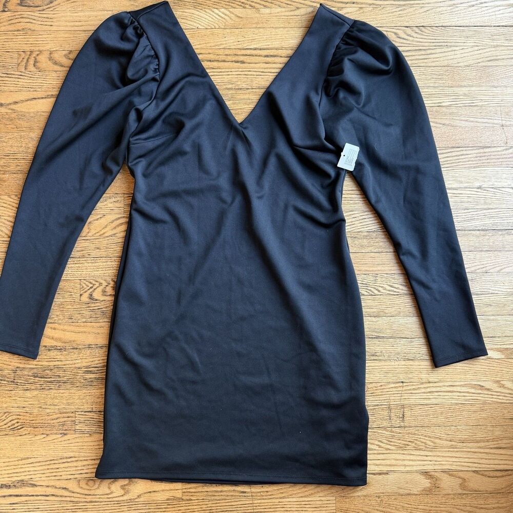 Kimchi Blue Puff Sleeve Mini Cocktail Dress Womens Large Deep V Morticia Witchy